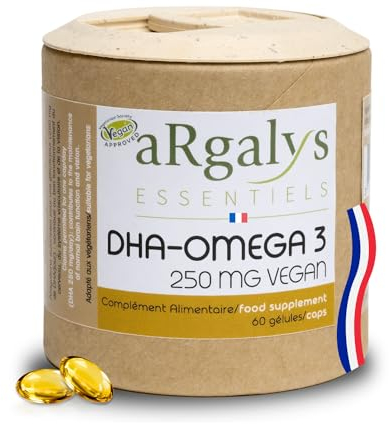 Omega 3 Vegano I Aceite de Algas I Natural I Vegano I 60 Cápsulas I 250 mg DHA/Cápsula (+ EPA) Hecho por Argalys Essentiels