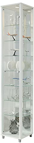 Glasvitrine Sammlervitrine Vitrine Standvitrine mit LED und 7 Glasböden höhenverstellbar ESG Glas in Weiß Dekor 172x32x33 cm
