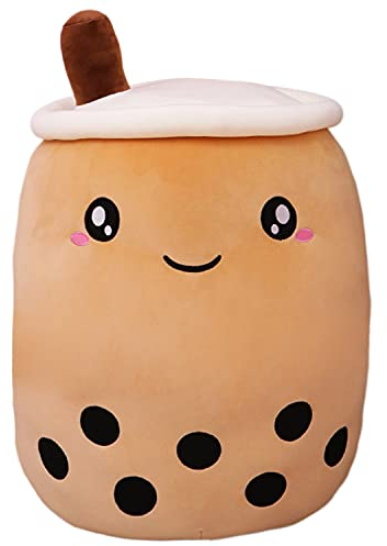 Kekeso Boba Stofftier Plüschkissen Weiches lebensechtes Bubble Pearl Milk Tea Kuschelkissen Cartoon Plüsch Rückenkissen Geschenk Spielzeug (Brown-Big Eyes, 35cm/13.77inch)