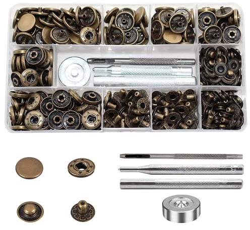 BetterJonny 15 mm tryckknappsfäste med 3 justeringsverktyg, metalltryckknappar för läder, hantverk, jacka, plånbok