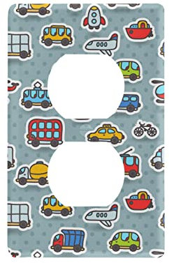 Seamless Cute Cartoon Hand Drawn Transport Bus Airplane Rocket Boat Unused Outlet Print Toggle Wall Plate, Switch Plate Cover for Living Room Bedroom Bathroom Office and School