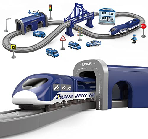 Wdmiya Train Sets for Toddlers, 66 Pcs Trains Toy with Battery Operated & Tracks (Magnetic Connection), Compatible with Thomas, Brio, Christmas Toy Gifts for 3 4 5 6 7 8 Years Old (Police)