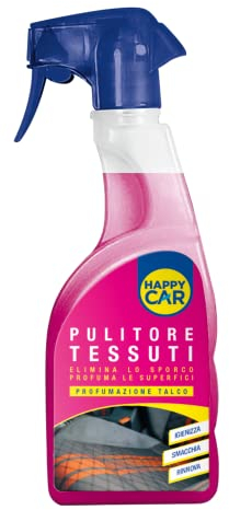 Happy Car - Pulitore Tessuti Interni Auto 750ml - Smacchia, Deterge e Deodora con Profumo di Talco - Per tutti i Tipi di Tessuto