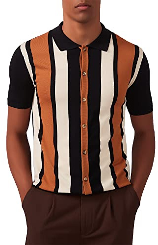 Kallspin Men's Vintage Knit Polo Shirt Short Sleeve Striped Button Down Knitting Golf Shirts(Black Medium)