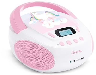 Mooov 477407 - Reproductor de CD portátil, Lector CD Audio CD-R/CD-RW, Puerto USB para MP3, Sonido estéreo de 6W, asa ergonómica, Unicornio