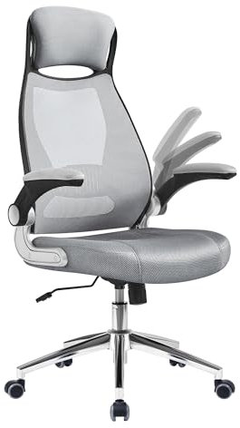 SONGMICS Bürostuhl, Drehstuhl, Chefsessel mit klappbaren Armlehnen, Kopf- und Lendenstütze, neigbar, Netzoberfläche, Taubengrau OBN086G01