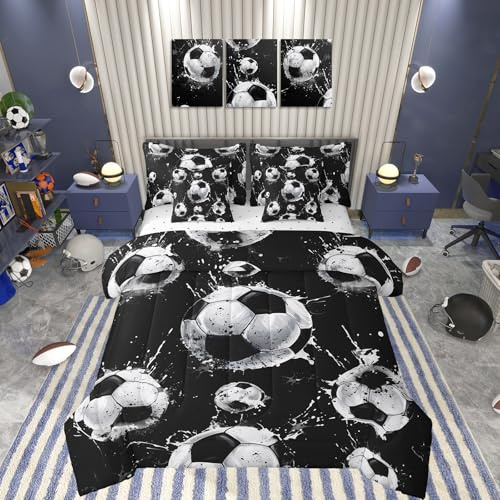 Feelyou Kids Boys Football Soccer 7 Piece Bedding Set Full Size Sports Game Soccer Comforter Set with Sheets for Teens Boys Girls Black White Soccer Bed in a Bag