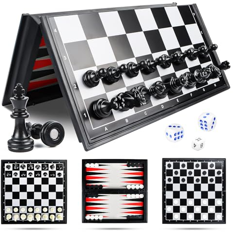 Schachspiel Magnetisch,Magnetic Chess Game,Reiseschach,Magnet Spiel,Magnet Schach,Chess Board,Schach/Dame/Backgammon 3 in 1 Set tragbare Faltbare Reise Magnetische Schachbrett für Kinder