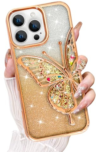 KANGHAR Kompatibel med iPhone 16 Pro Max-fodral, klar glitter kvicksand 3D fjäril bling fodral för kvinnor flickor söt toning gnistrande plätering mjukt skyddsfodral för 16 Pro Max (guld)