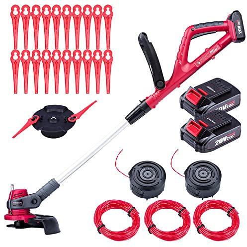 WORCRAFT Coupe Bordures sans Fil avec 2 Batteries & Chargeur - Poignée Rotative et Manche Télescopique - Avancée Automatique du Fil - Outil de Jardin Puissant et Pratique