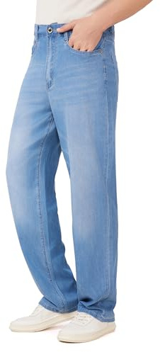 Lyocell sommarjeans män lös passform jeansbyxor tunna lätta affärsliv ledig säckig med stretch, Ljusblå, 32W / 30L
