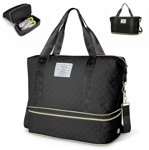 Geestock Travel Duffle Bag for Women Men, Expandable Weekender Overnight Bags with Shoes Compartment, Lightweight Carry on Personal Item Duffle Gym Bag for Travel, Airplanes, Sports (Black)