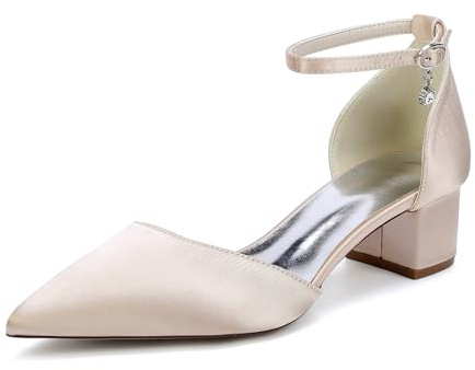 TNMIUH Zapatos de Boda cómodos de tacón bajo para Mujer con tacón de Bloque Punta Cerrada y Tira al Tobillo de satén para Novia Zapatos de Vestir de tacón bajo,Champagne,38 EU