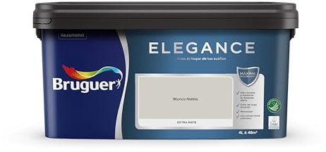 Bruguer ELEGANCE Pintura Monocapa ExtraMate, Paredes y Techos, Interior, Exterior protegido, Alta Durabilidad, UltraLavable, Resistente al Desgaste y Manchas Blanco Niebla 4L