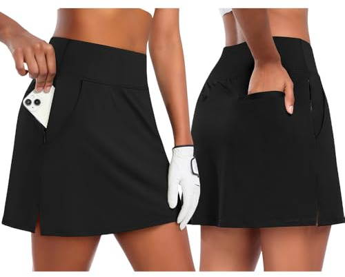 XFSRG Gonna Tennis Donna a Vita Alta Elastica Elegante Sportiva Estiva Skort con Pantaloncino e Tasche per Yoga Golf(Nero/S)