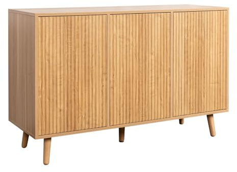 MB Muebles Bonitos | Aparador Salón Roble Alba 120 cm Renzo | Mueble Auxiliar Diseño Acanalado 3 Puertas con Patas de Madera | Estilo Nórdico Moderno para Comedor | 120x76x40 cm