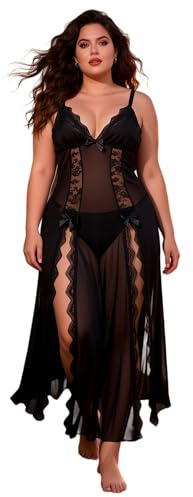 ohmydear Vestito Lungo in Pizzo con Scollo a V Camicia da Notte Donna Schien Aperto Intimo Lingerie Babydoll Traspirante Spalline Regolabili con T-String