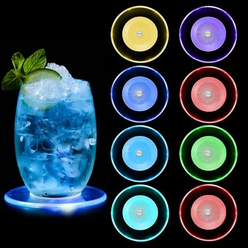 8 pièces de dessous de verre LED, dessous de verre LED multicolores avec 7 modes d'éclairage, dessous de verre lumineux rond en acrylique étanche, dessous de verre pour boissons avec bouton marche