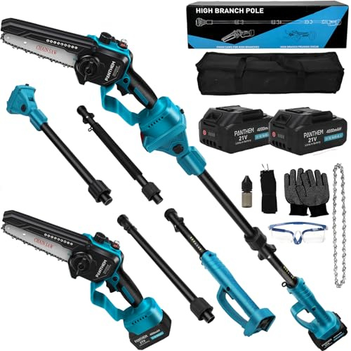 6 Inch Mini Cordless Electric Chainsaw 21V 4.0Ah, 2-in-1 Cordless Pole Saw Brushless Portable Telescopic Saw for Makita 18v, Small Handheld Chain Saw Long Reach with Extension Rod with 2 Batteries