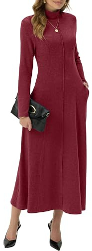 GRECERELLE - Vestido largo de mujer con cuello redondo y manga larga para otoño e invierno, elegante y casual, ideal para el día a día, negocios, citas y ocio, con elástico y bolsillos, rojo, M