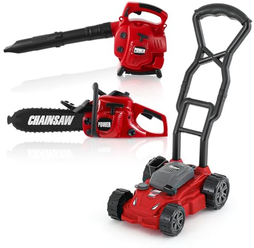 Arrowbash 3 Pcs Toy Gardening Tool Set for Kids Toy Leaf Blower Chainsaw Push Lawn Mower Pretend Set with Lights and Sounds Christmas Birthday Gifts for Boys Girls