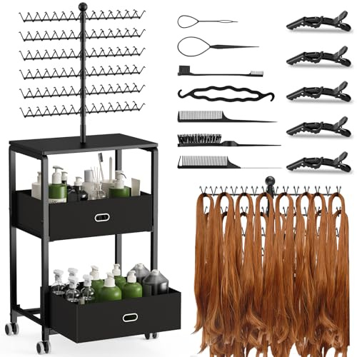 XINTUO Portable Braiding Hair Rack with Wheels & Storage Drawers,168 Pegs Hair Extension Holder Hanger for Braiding Hair Separator Stand Display,Hair Rack with Stylist Hair braiding Tools(Black)