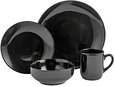Bosa 16-Piece Stoneware Dinner Set, Black, Includes Plates and Cups