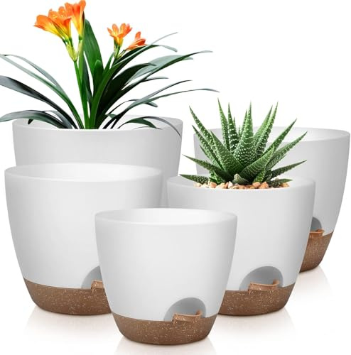 LATERN 5 Piezas Macetas con Autorriego, 18/16.5/15/13.5/12CM Maceta de Plástico Contenedor para Plantas de Jardín con Drenaje Orificio y Depósito Maceta para Aloe Hierbas Orquídeas Suculentas Bonsái