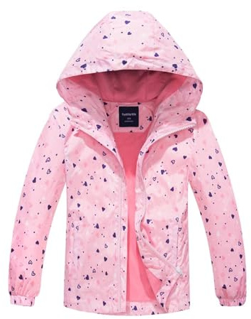 BuyiRen Girls Waterproof Jacket Rain Jackets Hooded Raincoat Lightweight Cotton Lined Rain Coats for Kids, Pink Hearts, 4-5 Years