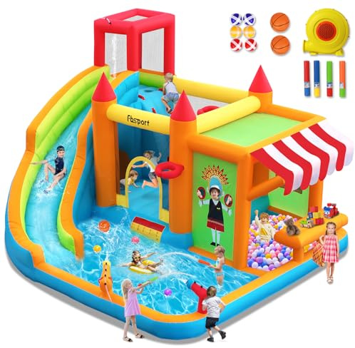 FBSPORT Castello Gonfiabile con Ventilatore con Scivolo Trampolino Piscina Parete da Arrampicata, Piscina di Palline oceaniche Parco Acquatico per Bambini 424 ×388 ×238 CM