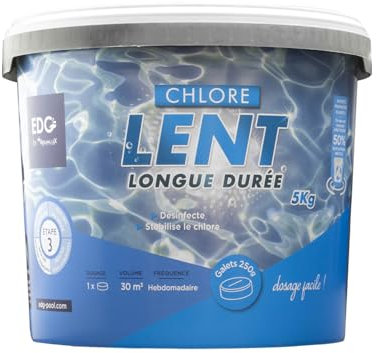 EDG - Chlore Lent Piscine - Chlore Permanent - Désinfection Longue Durée - Galet 250 g - Seau 5 kg- EDG by AQUALUX International