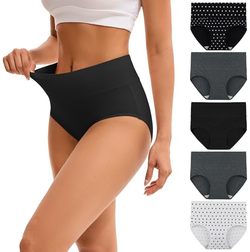 INNERSY Slip Damen High Waist Unterwäsche Baumwolle Nach Kaiserschnitt Unterhose Slips Mehrpack 5 (XL, Dot/Grau/Schwarz)