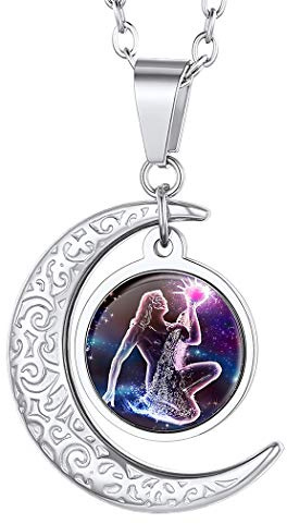 Suplight Chaîne Pendentif Lune Verseau Collier Femme Signe Astrologique Acier Bijou pour Jeune Fille Cadeau Anniversaire Fête Noël