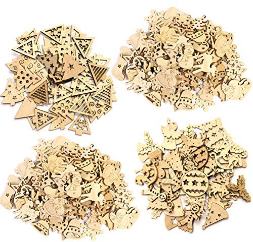 ToBeIT Lot de 200 Mini Décorations en Bois - Pendentifs pour Sapin de Noël, Père Noël, Flocons de Neige - Disques en Bois pour Bricolage (Naturel)