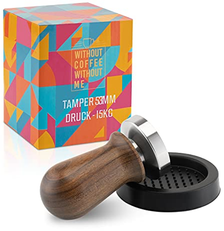 NOUTEN® Premium Espresso Tamper Set 53mm mit Druckreguliereung (15kg) - Kaffeestampfer aus Edelstahl mit Einem elegant geformten Echtholzgriff – Perfekt für Einsteiger - Passende Tampermatte inklusive