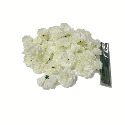 Rikyo 50 Artificial Silk Carnation Flower Head with Stems Set,Vase Fillers, for Home Bridal Wedding Party Birthday Cake Ornaments,Handmade Wrist Corsage,2 Multiple Petals Heads with 8 Stems (White)