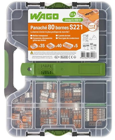 WAGO - Malette de 80 bornes de connexion S222 2, 3, et 5 entrées pour fils souples et rigides