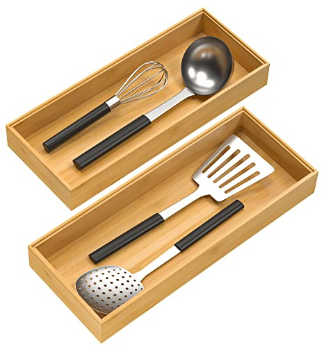 VeyFey Bamboo Drawer Organizer, Stackable Utensil Organizer for Kitchen, Bamboo Storage Box Wood Silverware Tray for Drawer 15 x 6 x 2 Set of 2