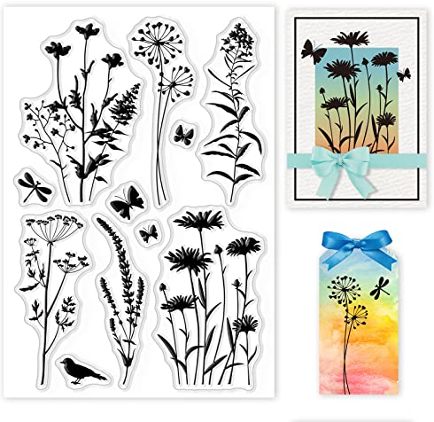 GLOBLELAND Wildflowers Silhouettes Clear Stamps for DIY Scrapbooking Decor Gänseblümchen Lavendel Blumen Blätter Pflanzen Transparente Silikonstempel zur Herstellung von Karten Fotoalbum Dekoration