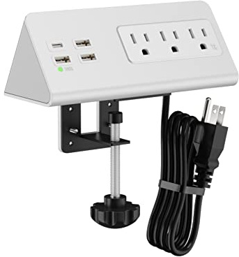 Nightstand Edge Mount Power Strip with USB-C Ports Tabletop Surge Protector Desk Clamp Power Sockets with 3 AC Outlets &4 Fast Charging USB Ports for Home Office Hotel and Dormitory