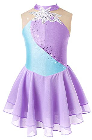 iEFiEL Mädchen Eiskunstlauf Kleid Glitzer Ballettkleid Ärmellos Ballettanzug Ballett Trikot Body mit Strass Wettbewerb Kostüm Gymnastikanzug Yb Lavender 134-140