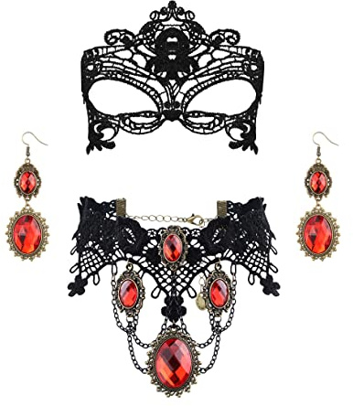Finrezio Halloween Conjunto Collar Pendientes Encaje Negro para Mujer Gothic Colgante Gargantilla Máscara Encaje Vampire Victorian Gothic Disfraz Halloween Cosplay