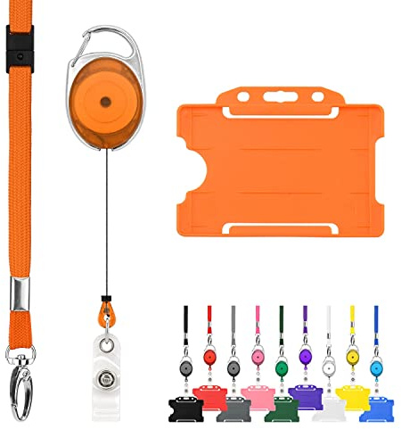 LanyardsTomorrow Infällbara linor och märkeshållare 1 st Pack Trio Triple Pack - Set innehåller standardlinor, utdragbara karbinhakar, jojo-rullklämmor och stela ID-korthållare Orange