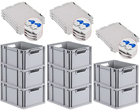 PROREGAL SuperSparSet 8x Eurobox NextGen Grip mit Scharnierdeckel und blauen Schiebeschnappverschlüssen, HxBxT 22x30x40cm, 20 L, Grau, Griffe offen, Eurobehälter, Transportbox