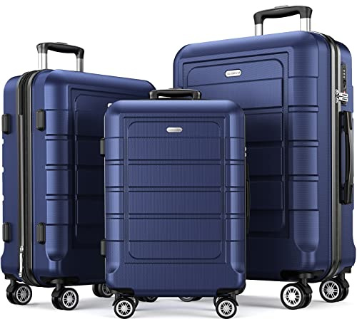 SHOWKOO Luggage Sets 3 Piece Hard Shell PC+ABS Expandable Lightweight Durable Trolley Travel Suitcase with Spinner Wheels TSA Lock, 20 24 28 -Blue