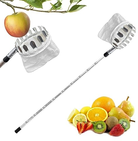 Recogedor de frutas telescópico, recogedor de frutas multiusos de acero inoxidable, barra larga para recoger frutas para huertos, recogedor de manzanas, recogedor de cerezas con bolsa de algodón