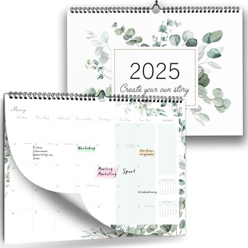 Wandkalender 2025 I Monatskalender mit Kästchen als A4 Quer Kalender I Eukalyptus, Blumen I Perfekt für Paare, Singles oder Familien I Monatsplaner für Zuhause oder Büro...