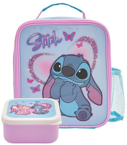 Disney Stitch Lunch Bag with Mini Snack Box by Polar Gear, Insulated Kids School Lunch Bag for Girls, Side Bottle Pocket, Wipe-Clean PEVA Lining, Official Back to School Gift