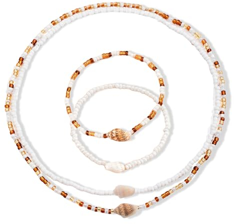 Lucktao 4 Stück Muschelkette Muschel Armband Set,Natürliche Muschel Kette,Natürliche Muschelarmband,Muschel und Perlen,Elastisches Seil,Hawaii Boho Schmuck Set,Für Damen Mädchen Sommer Strand Schmuck