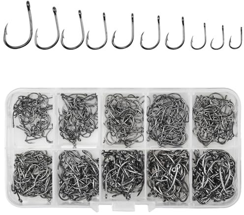 500 Stück Angelhaken, Kohlenstoffstahl Angelhaken, 3# -12# Widerhaken Angelhaken, Karpfenkreishaken mit Aufbewahrungsbox für Süßwasser Salzwasser Angelzubehör